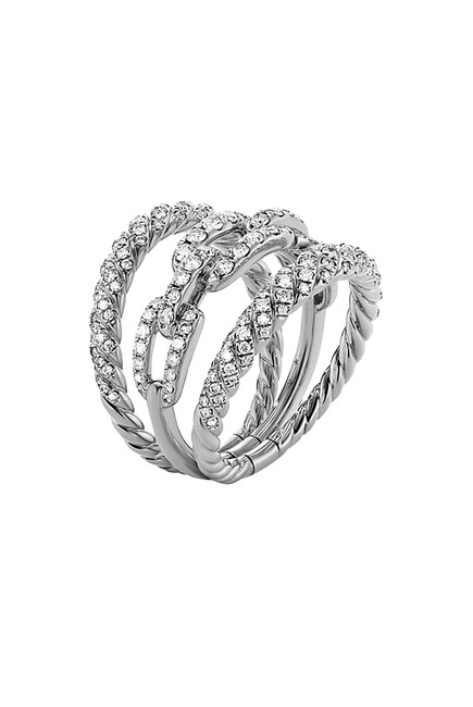 Stax Three Row Chain Link Ring, 18k White Gold & Diamonds